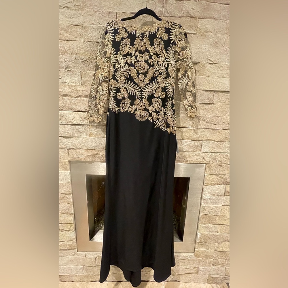 Tadashi Shoji Black and Gold Floral Lace Gown